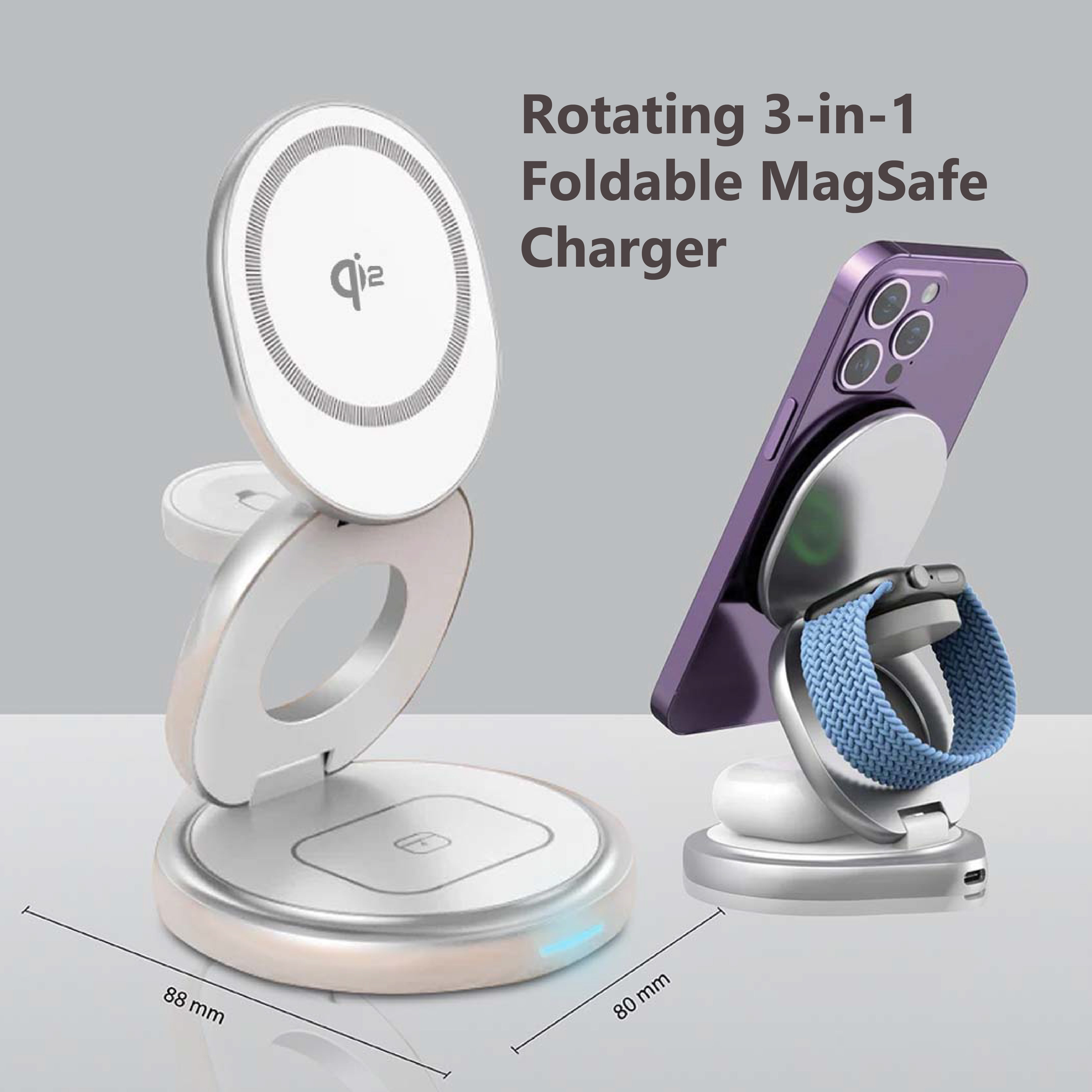 Rotating Qi2 Magnetic 3-in-1 Wireless Charger